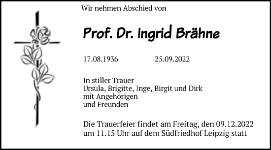 Traueranzeige von Ingrid Brähne von Mitteldeutsche Zeitung Halle/Saalkreis
