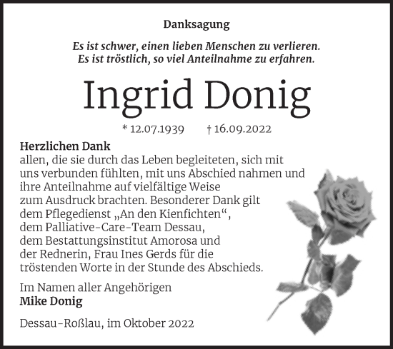 Traueranzeige von Ingrid Donig von Trauerkombi Dessau