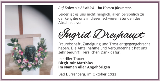 Traueranzeige von Ingrid Dreyhaupt von Trauerkombi Merseburg