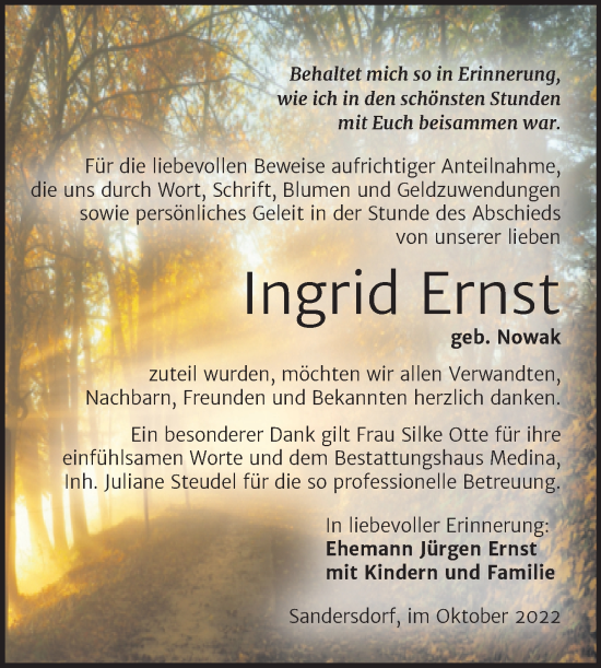 Traueranzeige von Ingrid Ernst von Trauerkombi Bitterfeld