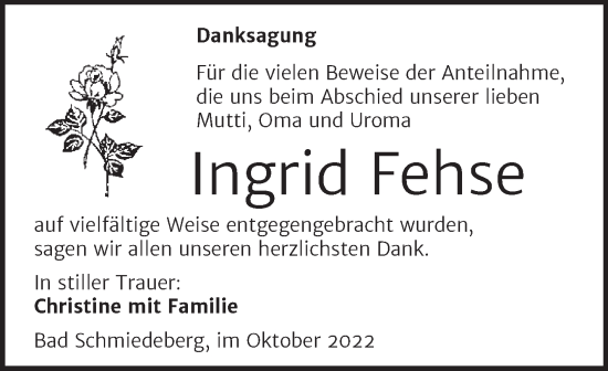 Traueranzeige von Ingrid Fehse von Trauerkombi Sangerhausen