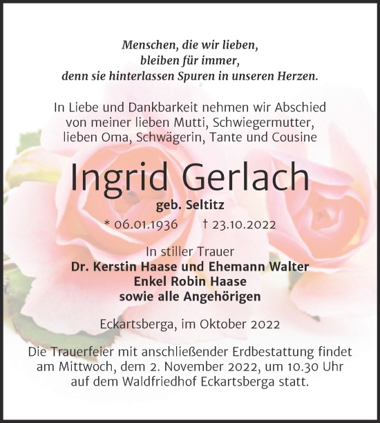 Traueranzeige von Ingrid Gerlach von Naumburger Tageblatt