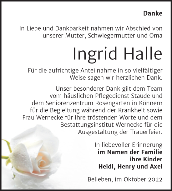 Traueranzeige von Ingrid Halle von Trauerkombi Bernburg