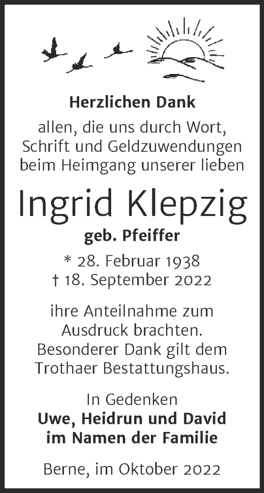 Traueranzeige von Ingrid Klepzig von Mitteldeutsche Zeitung Halle/Saalkreis