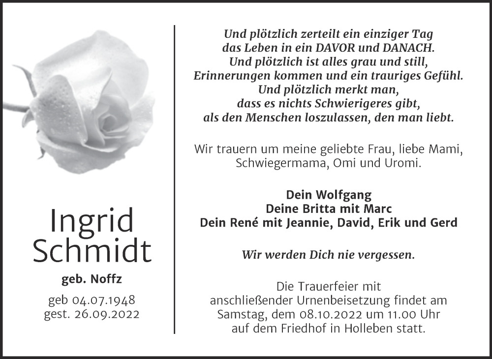  Traueranzeige für Ingrid Schmidt vom 05.10.2022 aus Mitteldeutsche Zeitung Halle/Saalkreis