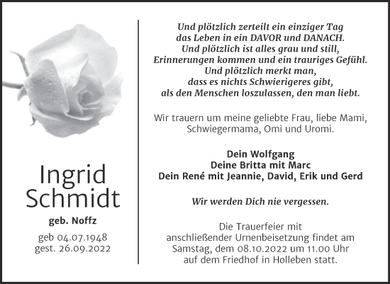 Traueranzeige von Ingrid Schmidt von Mitteldeutsche Zeitung Halle/Saalkreis