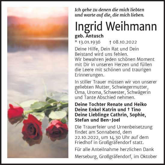 Traueranzeige von Ingrid Weihmann von Trauerkombi Merseburg