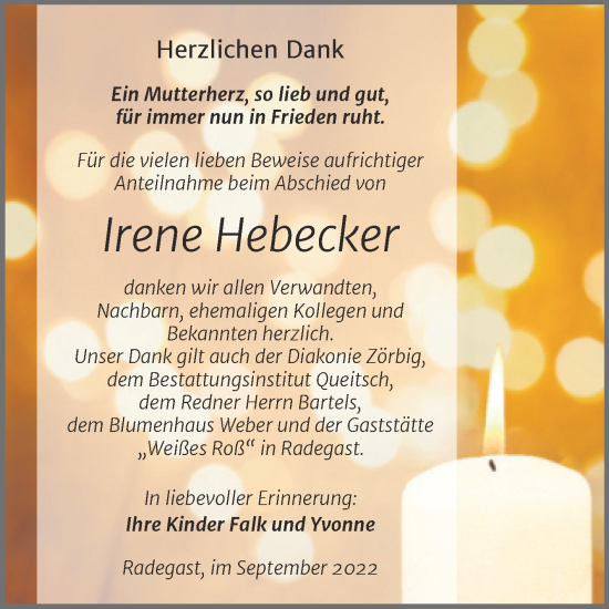 Traueranzeige von Irene Hebecker von Trauerkombi Köthen