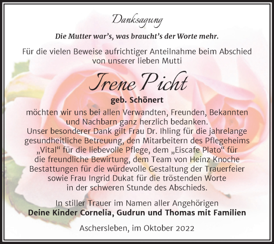 Traueranzeige von Irene Picht von Trauerkombi Aschersleben