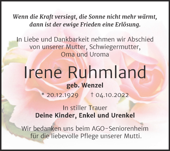 Traueranzeige von Irene Ruhmland von Mitteldeutsche Zeitung Halle/Saalkreis