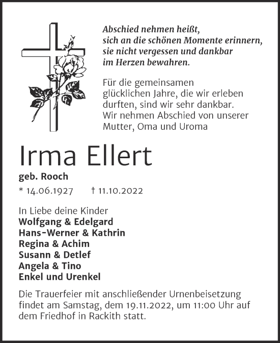 Traueranzeige von Irma Ellert von Trauerkombi Wittenberg