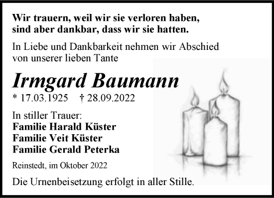 Traueranzeige von Irmgard Baumann von Trauerkombi Quedlinburg