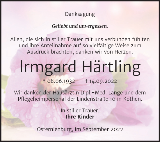 Traueranzeige von Irmgard Härtling von Trauerkombi Köthen