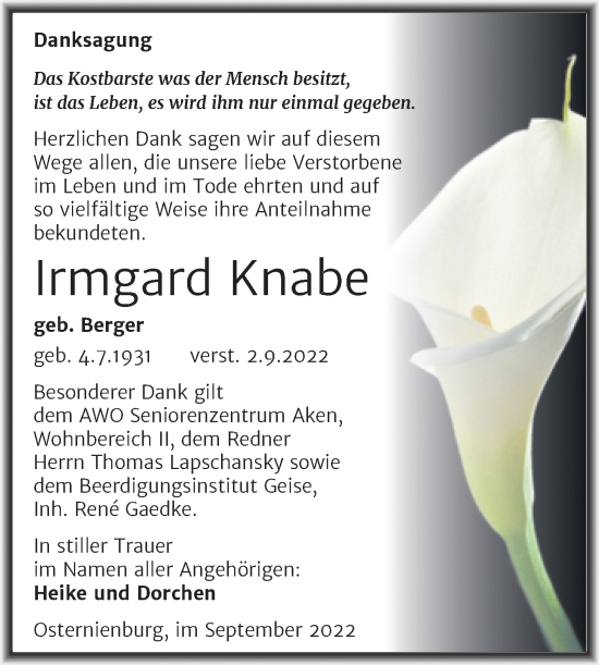 Traueranzeige von Irmgard Knabe von Trauerkombi Köthen