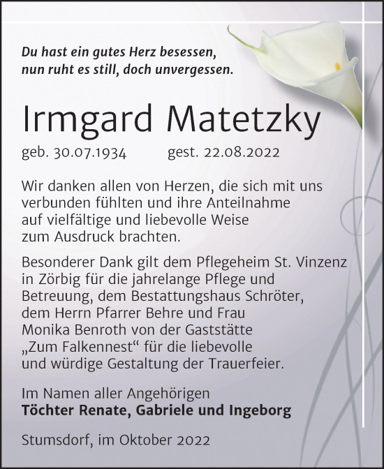 Traueranzeige von Irmgard Matetzky von Trauerkombi Bitterfeld