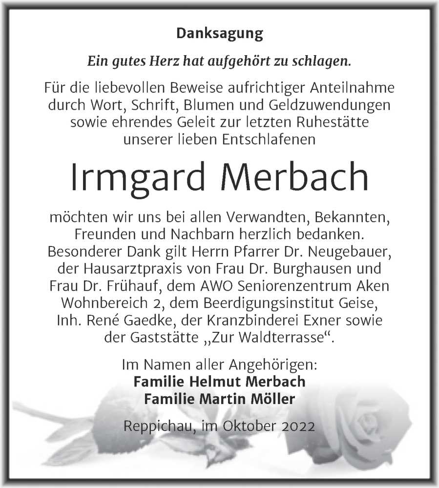  Traueranzeige für Irmgard Merbach vom 19.10.2022 aus Trauerkombi Köthen