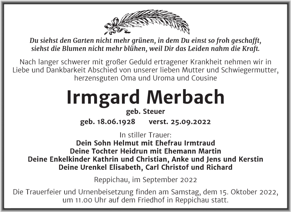  Traueranzeige für Irmgard Merbach vom 01.10.2022 aus Trauerkombi Köthen