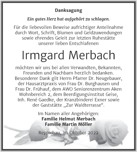 Traueranzeige von Irmgard Merbach von Trauerkombi Köthen