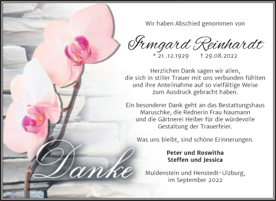 Traueranzeige von Irmgard Reinhardt von Trauerkombi Bitterfeld