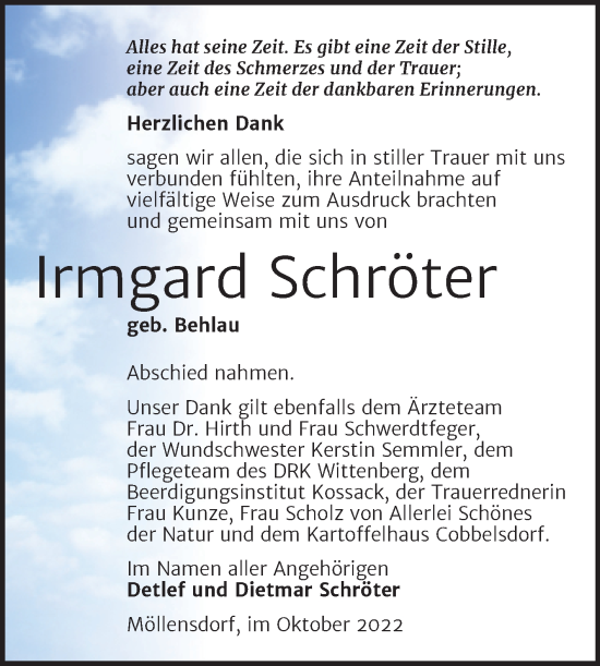 Traueranzeige von Irmgard Schröter von Trauerkombi Wittenberg