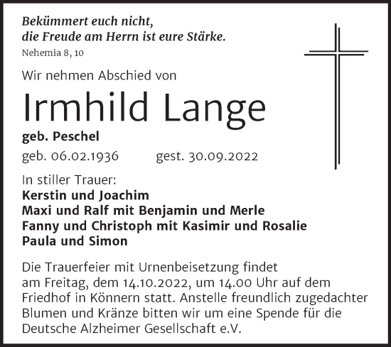 Traueranzeige von Irmhild Lange von Trauerkombi Bernburg