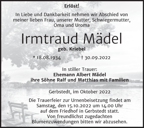 Traueranzeige von Irmtraud Mädel von Trauerkombi Mansfelder Land
