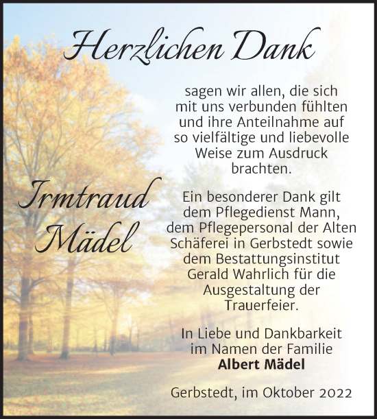 Traueranzeige von Irmtraud Mädel von Trauerkombi Mansfelder Land
