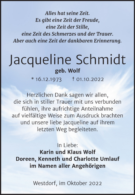 Traueranzeige von Jacqueline Schmidt von Trauerkombi Aschersleben