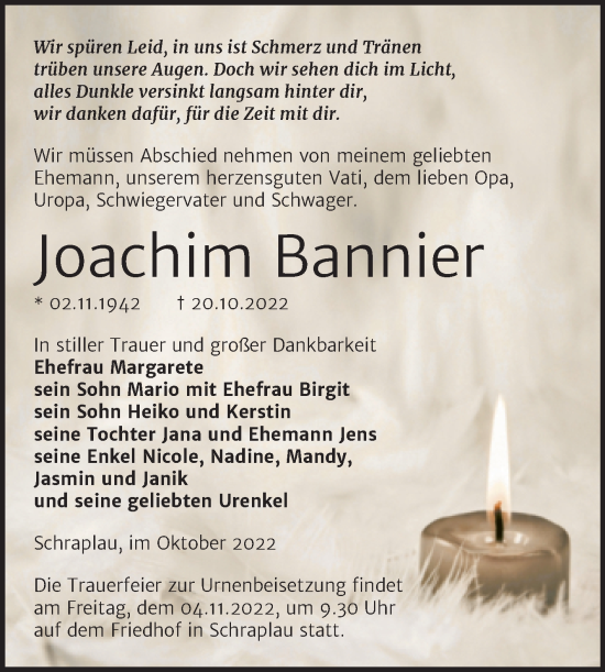 Traueranzeige von Joachim Bannier von Trauerkombi Merseburg