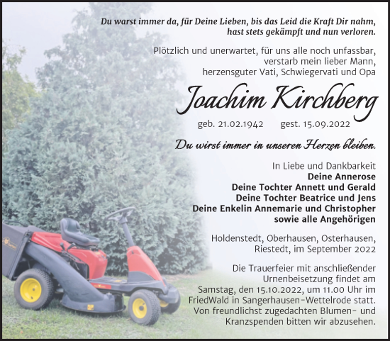 Traueranzeige von Joachim Kirchberg von Trauerkombi Sangerhausen