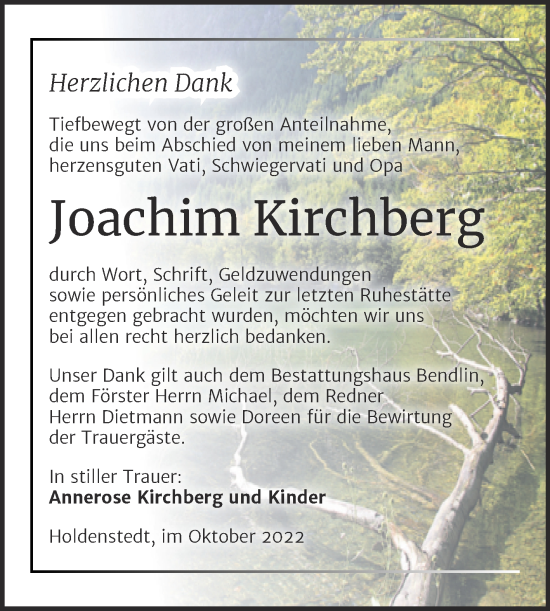 Traueranzeige von Joachim Kirchberg von Trauerkombi Sangerhausen