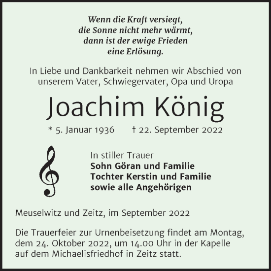 Traueranzeige von Joachim König von Trauerkombi Zeitz