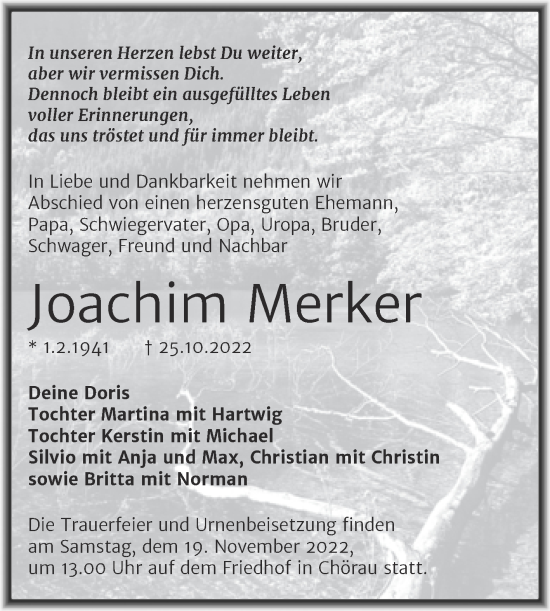 Traueranzeige von Joachim Merker von Trauerkombi Dessau