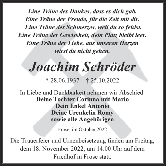 Traueranzeige von Joachim Schröder von Trauerkombi Aschersleben