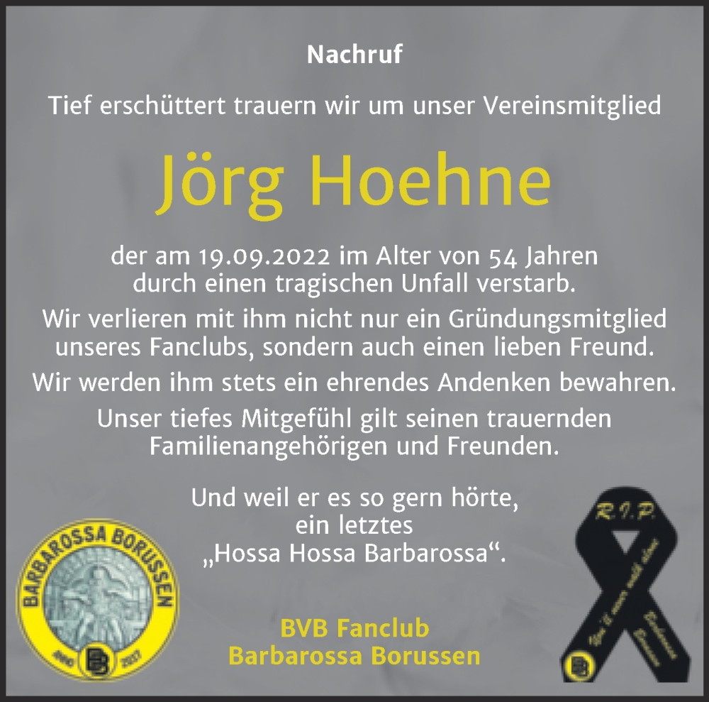  Traueranzeige für Jörg Hoehne vom 22.10.2022 aus Super Sonntag Sangerhausen