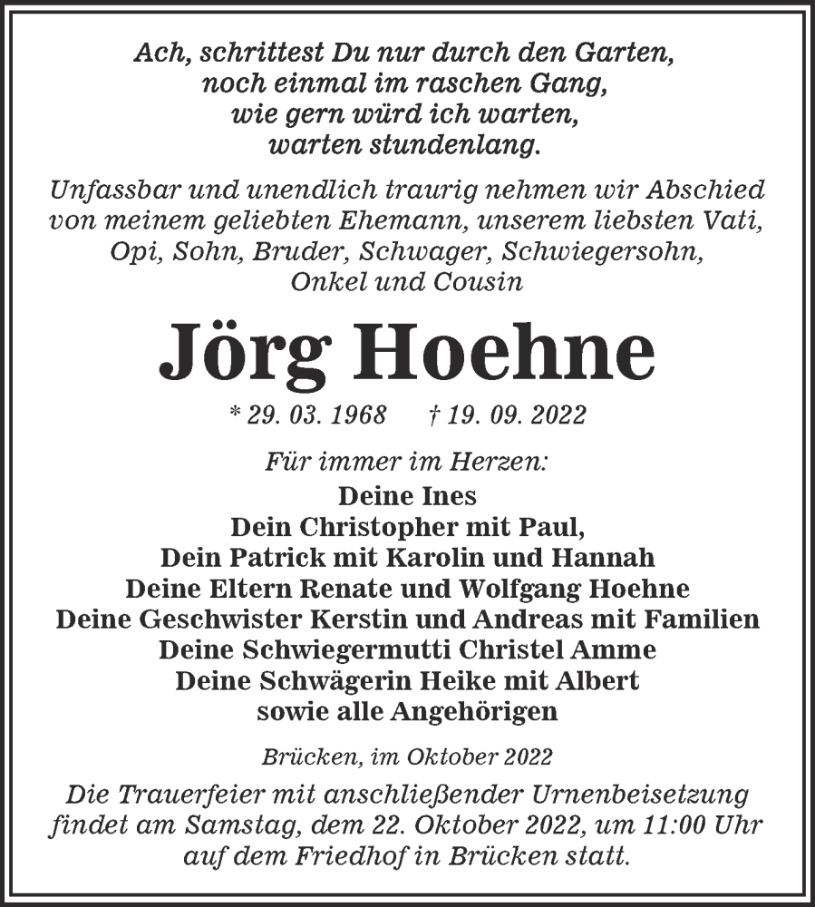  Traueranzeige für Jörg Hoehne vom 19.10.2022 aus Trauerkombi Sangerhausen