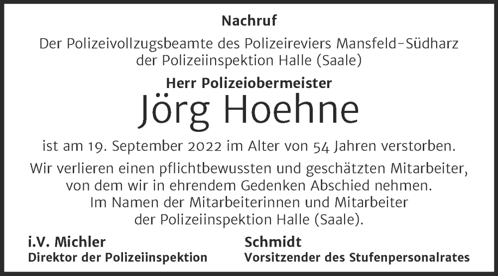  Traueranzeige für Jörg Hoehne vom 06.10.2022 aus Mitteldeutsche Zeitung Mansfelder Land