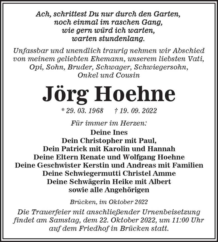  Traueranzeige für Jörg Hoehne vom 15.10.2022 aus Trauerkombi Sangerhausen