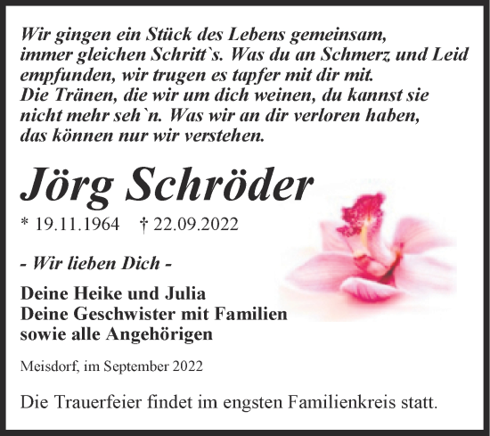 Traueranzeige von Jörg Schröder von Trauerkombi Quedlinburg