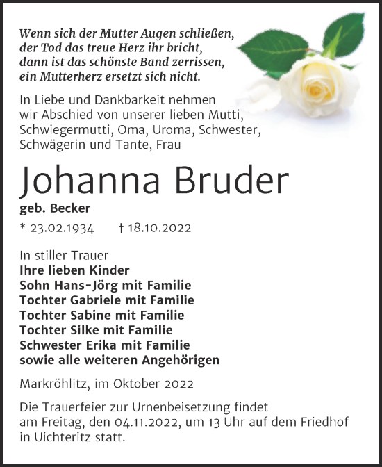Traueranzeige von Johanna Bruder von Trauerkombi Weißenfels
