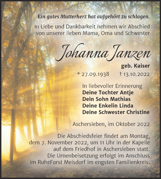 Traueranzeige von Johanna Janzen von Trauerkombi Aschersleben