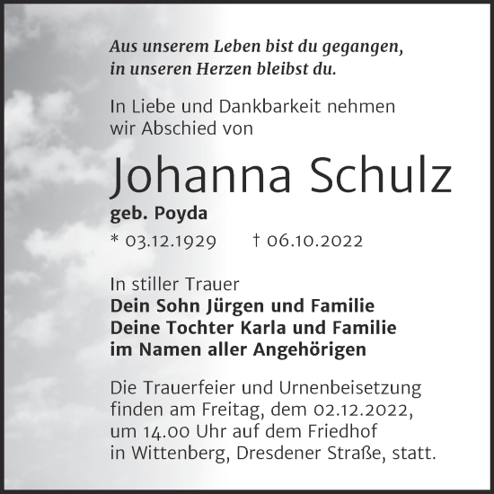 Traueranzeige von Johanna Schulz von Trauerkombi Wittenberg