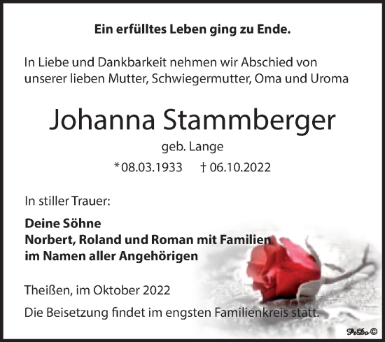 Traueranzeige von Johanna Stammberger von Trauerkombi Zeitz