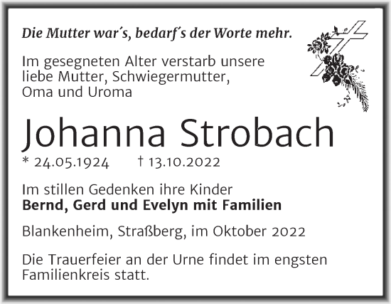 Traueranzeige von Johanna Strobach von Trauerkombi Sangerhausen