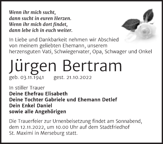 Traueranzeige von Jürgen Bertram von Trauerkombi Merseburg