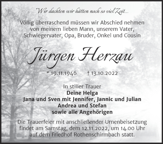 Traueranzeige von Jürgen Herzau von Trauerkombi Mansfelder Land