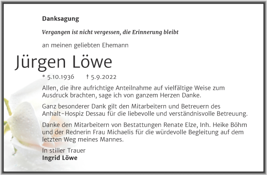 Traueranzeige von Jürgen Löwe von Trauerkombi Dessau
