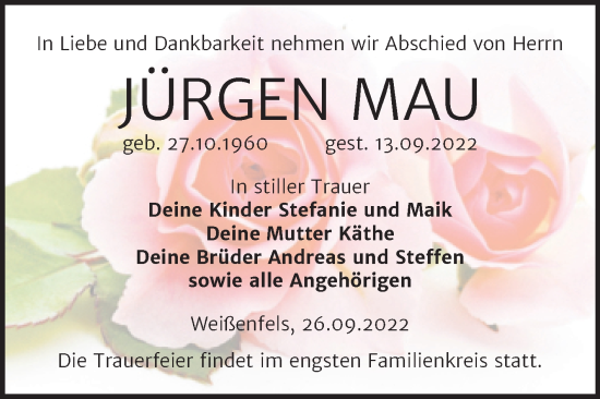 Traueranzeige von Jürgen Mau von Trauerkombi Weißenfels