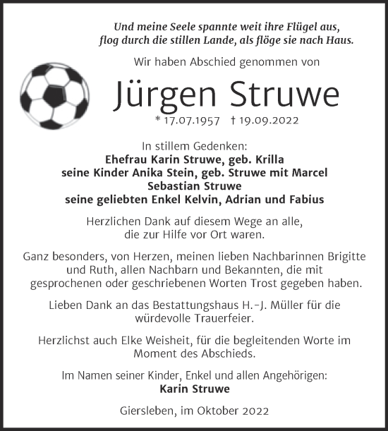 Traueranzeige von Jürgen Struwe von Trauerkombi Aschersleben