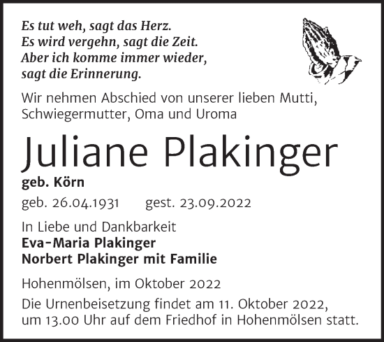 Traueranzeige von Juliane Plakinger von Trauerkombi Weißenfels